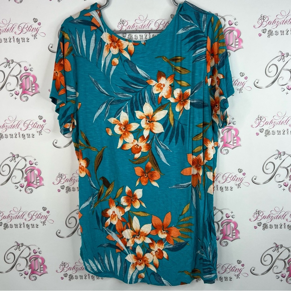 Westport tshirt long style flowers Teal and Orange Floral Short Sleeve Top